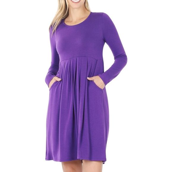 Zenana Women's Magenta Purple Long Sleeve Fit And Flare Dress Multiple Sizes NWT - Picture 2 of 4